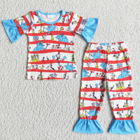 Blue cat ruffle short sleeve baby girls pajamas - BIG FRENCHIES