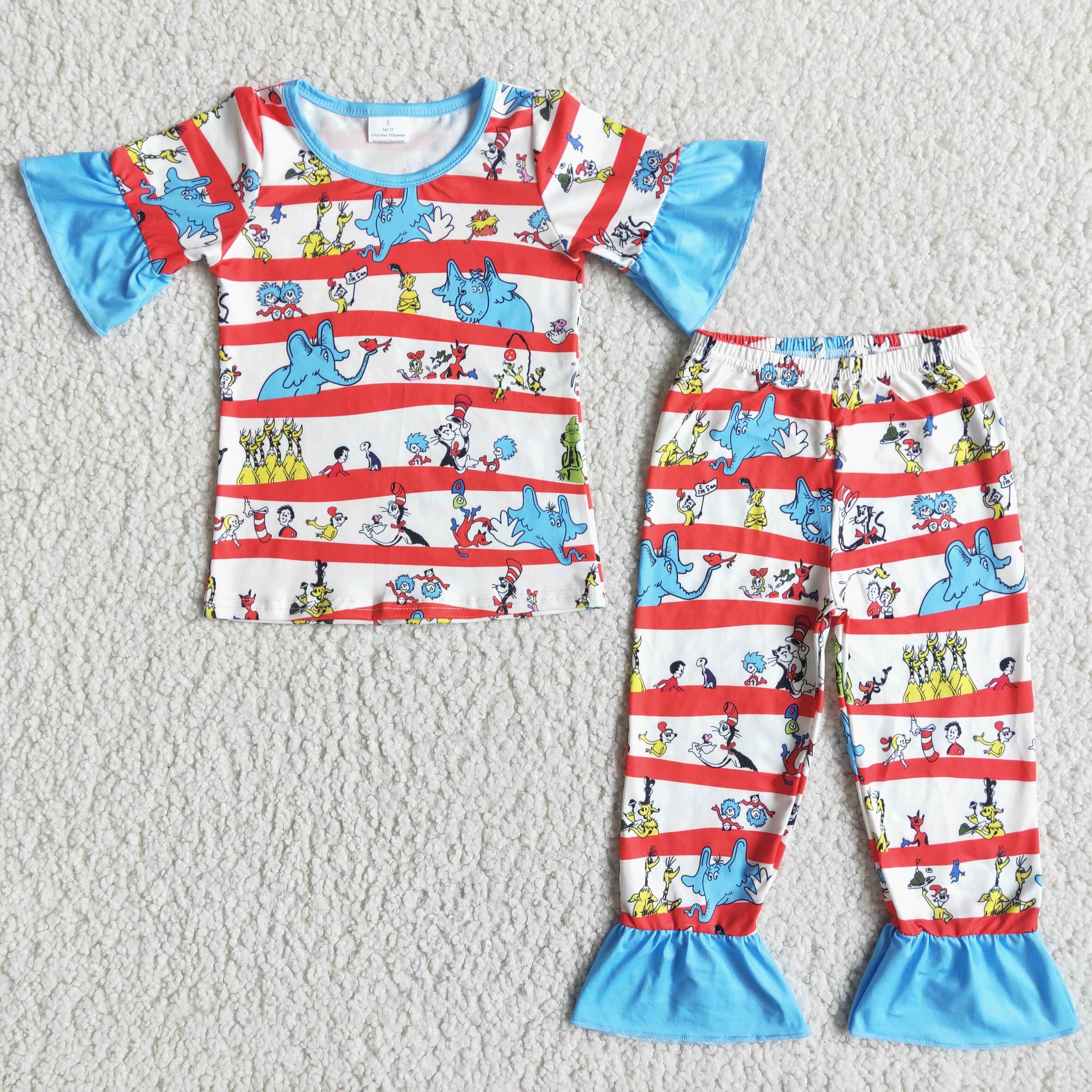 Blue cat ruffle short sleeve baby girls pajamas - BIG FRENCHIES