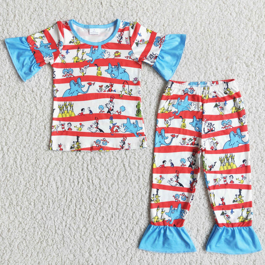 Blue cat ruffle short sleeve baby girls pajamas - BIG FRENCHIES