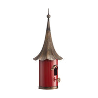 Outdoor Red Metal Bird House with Vintage Bronze Phonograph Style Roof