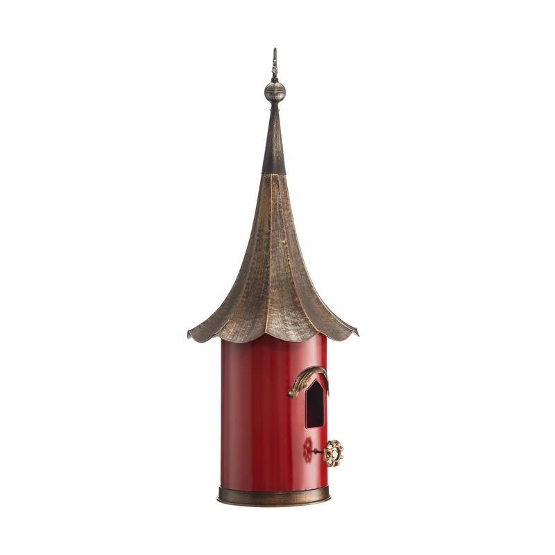 Outdoor Red Metal Bird House with Vintage Bronze Phonograph Style Roof