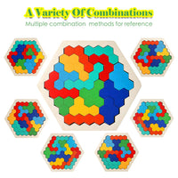 Wooden Hexagon Puzzle for Kid Adult Brain Teaser Puzzles Challenge Toy Shape Pattern Blocks Tangram Geometry Logic IQ Games STEM Montessori Educational Gift MEACAOFG