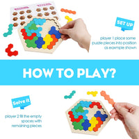Wooden Hexagon Puzzle for Kid Adult Brain Teaser Puzzles Challenge Toy Shape Pattern Blocks Tangram Geometry Logic IQ Games STEM Montessori Educational Gift MEACAOFG