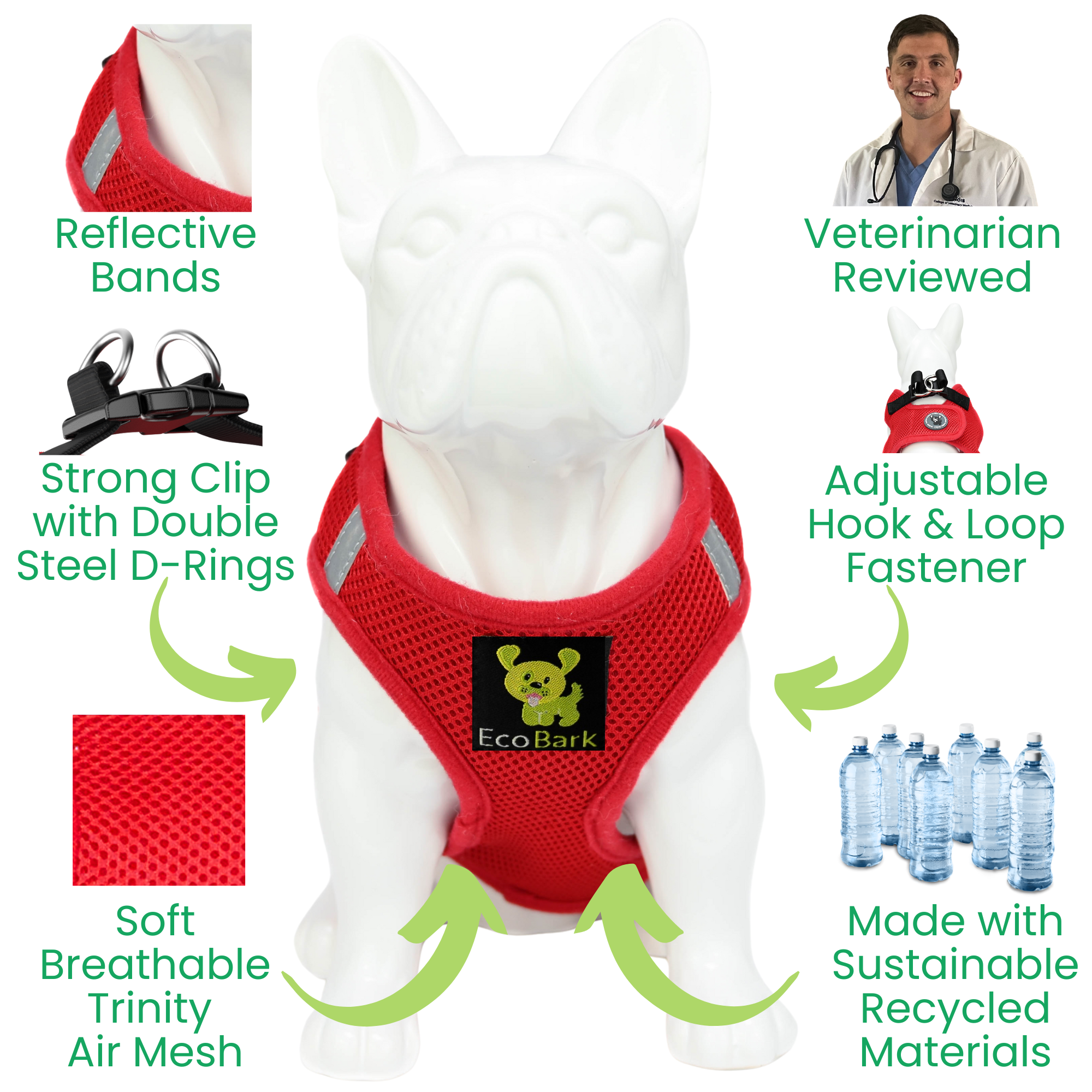 EcoBark Cherry Red Step In Dog Harness - Reflective Soft Mesh Harness for Teacup, Small Dogs and Puppies - BIG FRENCHIES