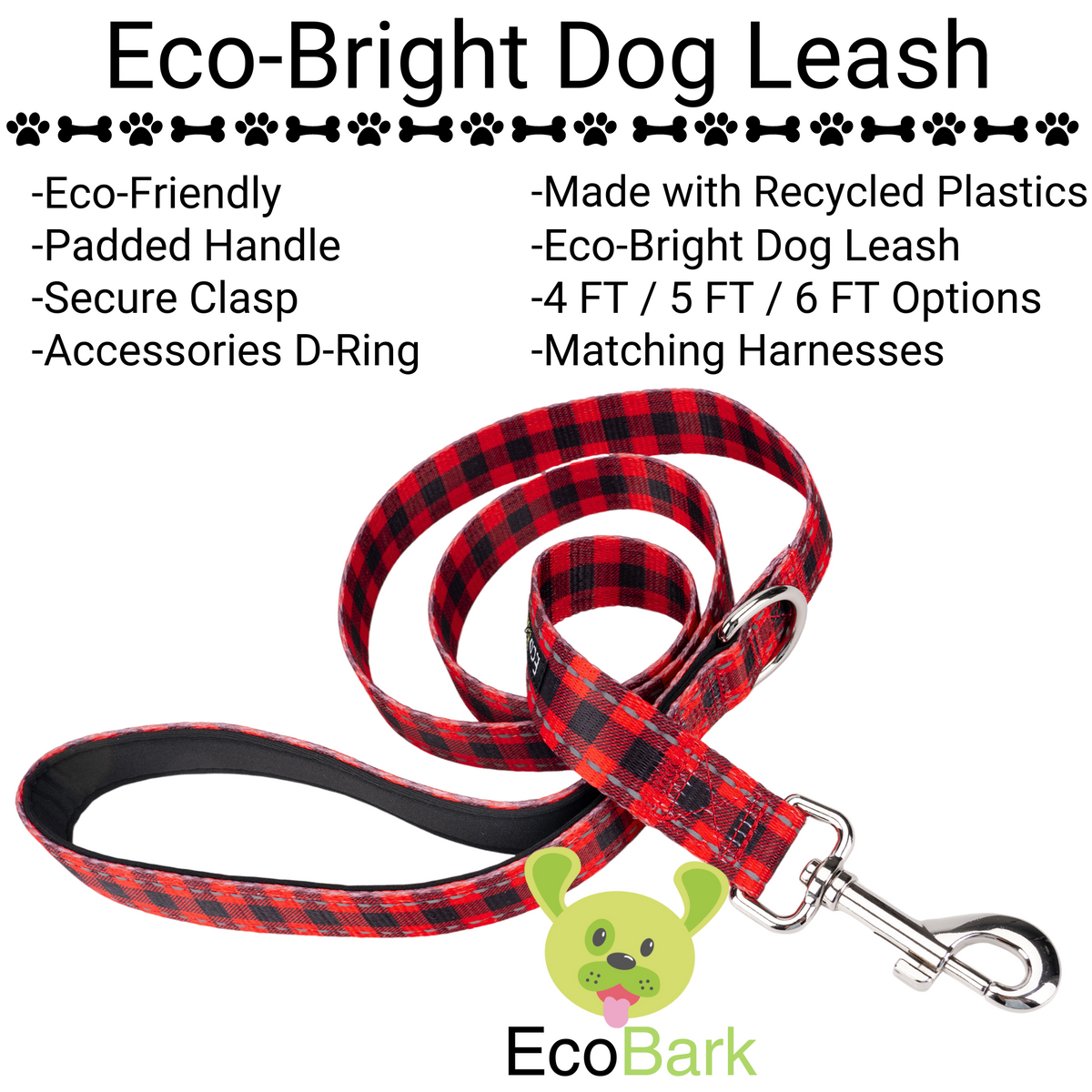 Red Plaid Dog Leash by EcoBark - Buffalo Check Padded Comfort Grip Leash for Dogs - 4ft, 5ft, and 6ft Leash for Small and Medium Dogs - BIG FRENCHIES