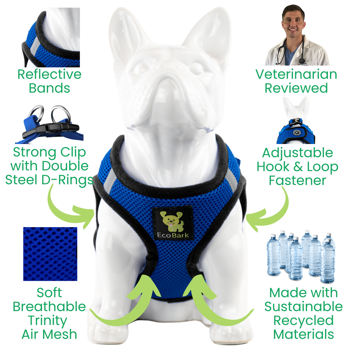 EcoBark Royal Blue Step In Dog Harness - Rapid Fastener Reflective Soft Mesh Vest Halter for XXXS to Small Dogs and Puppies - BIG FRENCHIES