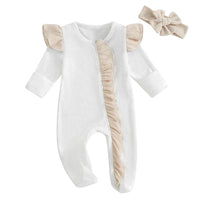 Baby Girls 2Pcs Outfit Long Sleeve Crew Neck Frills Zipper Romper Contrast Color Footies and Headband Set - BIG FRENCHIES