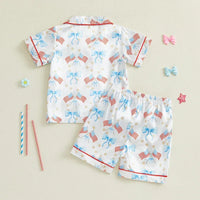 Toddler Girls Patriotic Pajamas Set Summer Star/Bow Print Button up Short Sleeves Shirt with Elastic Shorts for Loungewear - BIG FRENCHIES