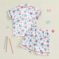 Toddler Girls Patriotic Pajamas Set Summer Star/Bow Print Button up Short Sleeves Shirt with Elastic Shorts for Loungewear - BIG FRENCHIES