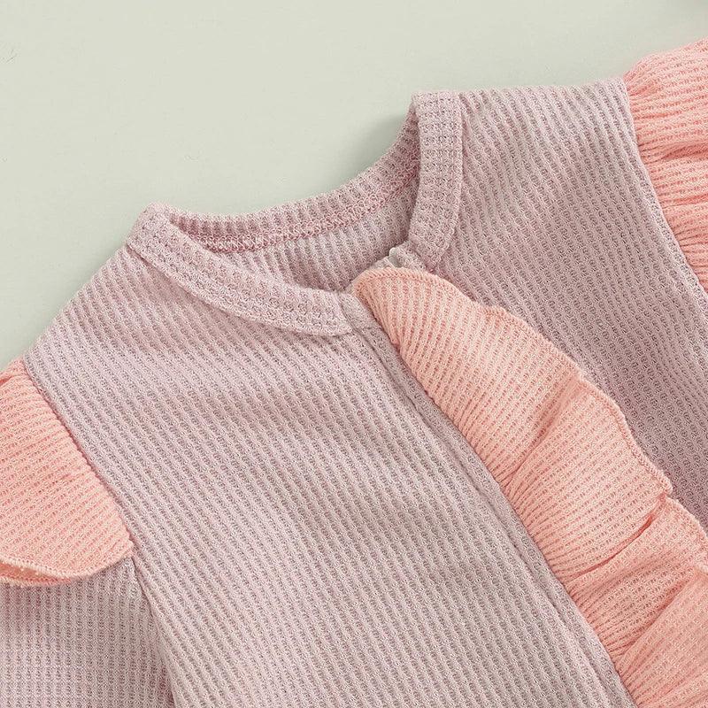 Baby Girls 2Pcs Outfit Long Sleeve Crew Neck Frills Zipper Romper Contrast Color Footies and Headband Set - BIG FRENCHIES