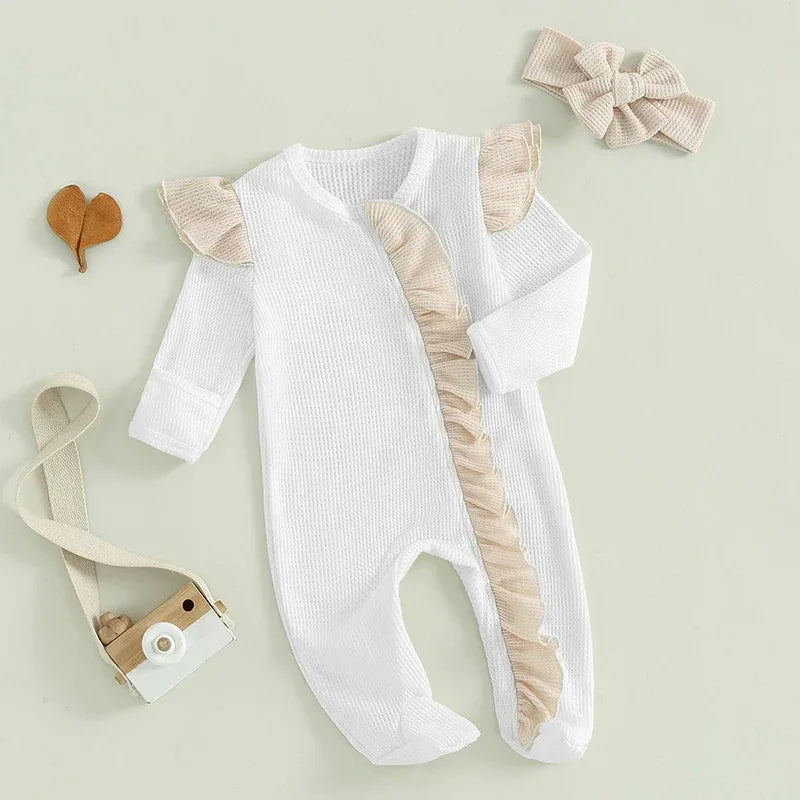 Baby Girls 2Pcs Outfit Long Sleeve Crew Neck Frills Zipper Romper Contrast Color Footies and Headband Set - BIG FRENCHIES