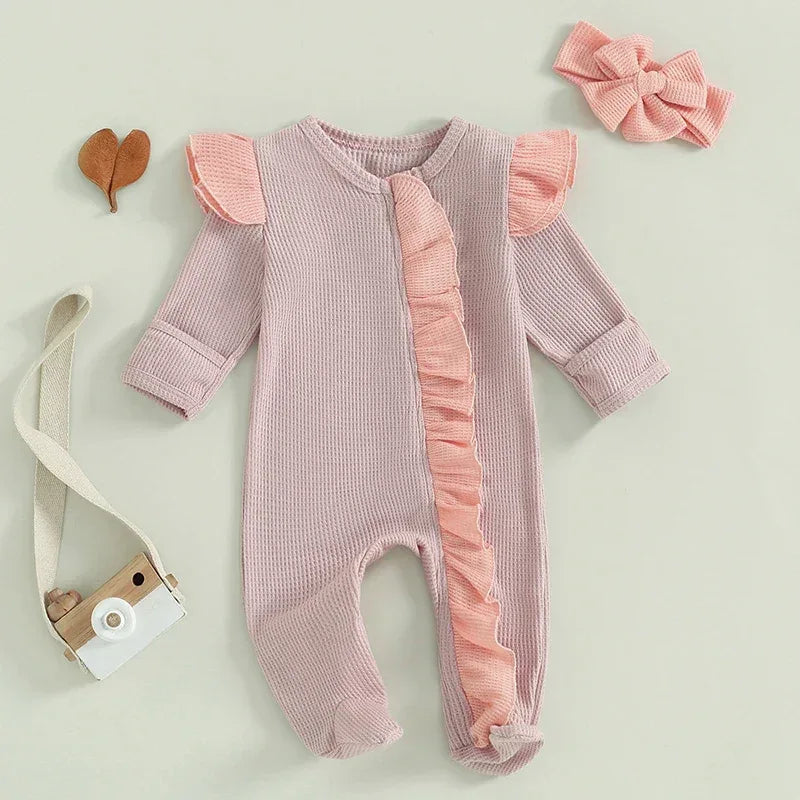 Baby Girls 2Pcs Outfit Long Sleeve Crew Neck Frills Zipper Romper Contrast Color Footies and Headband Set - BIG FRENCHIES