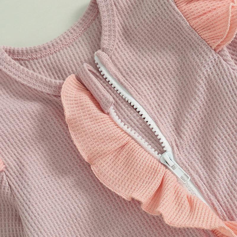Baby Girls 2Pcs Outfit Long Sleeve Crew Neck Frills Zipper Romper Contrast Color Footies and Headband Set - BIG FRENCHIES