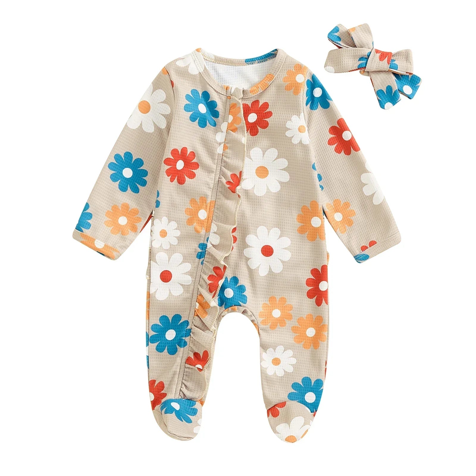 Baby Girls 2Pcs Long Sleeve Strawberry Flower Butterfly Print Frills Zipper Footies Jumpsuit and Headband Romper Set - BIG FRENCHIES