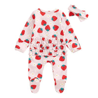 Baby Girls 2Pcs Long Sleeve Strawberry Flower Butterfly Print Frills Zipper Footies Jumpsuit and Headband Romper Set - BIG FRENCHIES