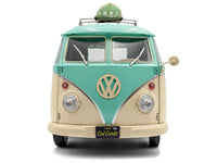 2024 Volkswagen Cool Combi Van with Trailer "Long Beach Surfing Club" Mint Green and Cream with Roof Rack and Surfboard 1/18 Diecast Model Car by Solido