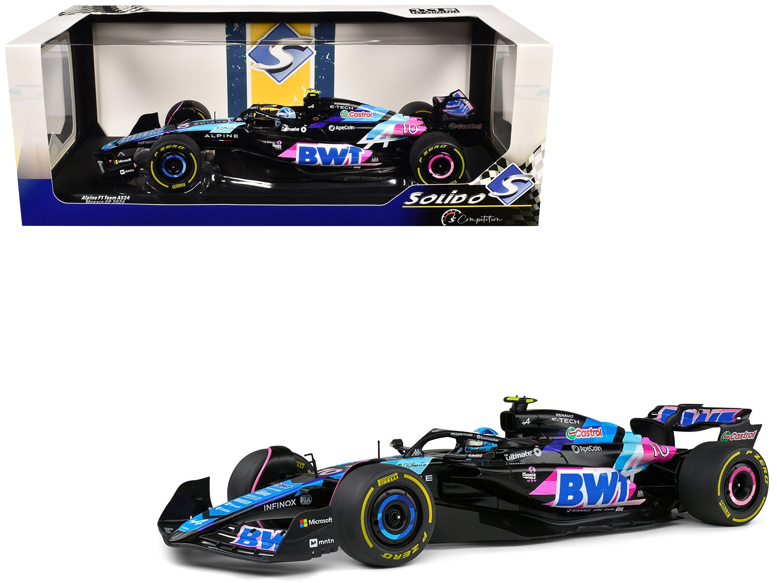 Alpine A524 #10 Pierre Gasly "BWT" Formula One F1 Monaco GP (2024) "Competition" Series 1/18 Diecast Model Car by Solido