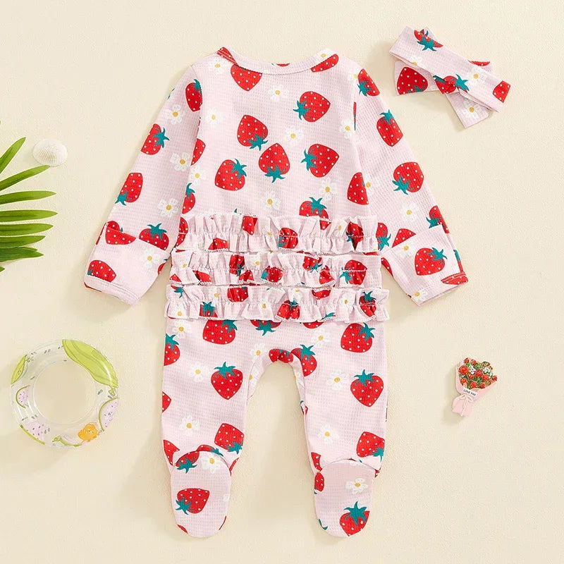 Baby Girls 2Pcs Long Sleeve Strawberry Flower Butterfly Print Frills Zipper Footies Jumpsuit and Headband Romper Set - BIG FRENCHIES