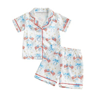 Toddler Girls Patriotic Pajamas Set Summer Star/Bow Print Button up Short Sleeves Shirt with Elastic Shorts for Loungewear - BIG FRENCHIES