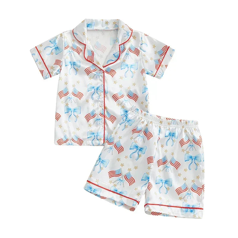 Toddler Girls Patriotic Pajamas Set Summer Star/Bow Print Button up Short Sleeves Shirt with Elastic Shorts for Loungewear - BIG FRENCHIES