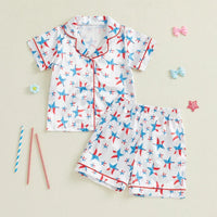 Toddler Girls Patriotic Pajamas Set Summer Star/Bow Print Button up Short Sleeves Shirt with Elastic Shorts for Loungewear - BIG FRENCHIES