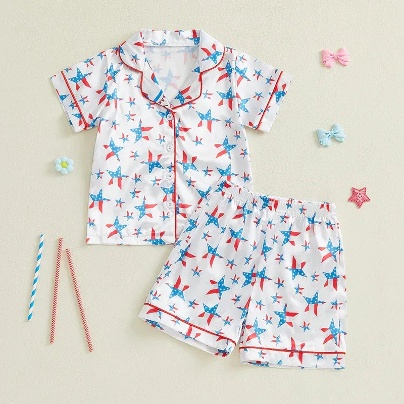 Toddler Girls Patriotic Pajamas Set Summer Star/Bow Print Button up Short Sleeves Shirt with Elastic Shorts for Loungewear - BIG FRENCHIES