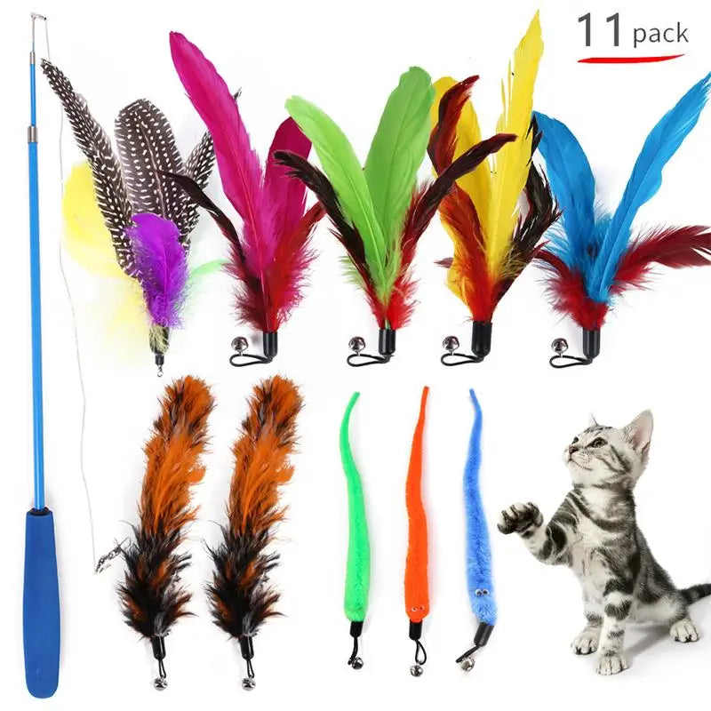 11PCS Cat Feather Toy Set – Replacement Feather Heads & Retractable Cat Wand Interactive Teaser Toys - BIG FRENCHIES