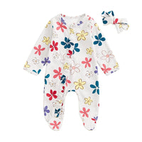 Baby Girls 2Pcs Long Sleeve Strawberry Flower Butterfly Print Frills Zipper Footies Jumpsuit and Headband Romper Set - BIG FRENCHIES