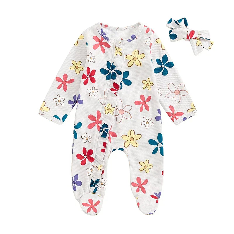 Baby Girls 2Pcs Long Sleeve Strawberry Flower Butterfly Print Frills Zipper Footies Jumpsuit and Headband Romper Set - BIG FRENCHIES