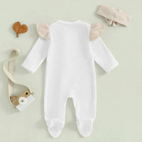 Baby Girls 2Pcs Outfit Long Sleeve Crew Neck Frills Zipper Romper Contrast Color Footies and Headband Set - BIG FRENCHIES