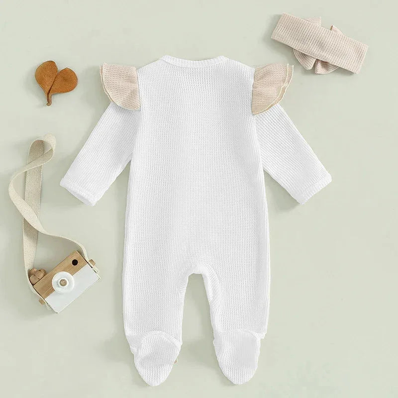 Baby Girls 2Pcs Outfit Long Sleeve Crew Neck Frills Zipper Romper Contrast Color Footies and Headband Set - BIG FRENCHIES