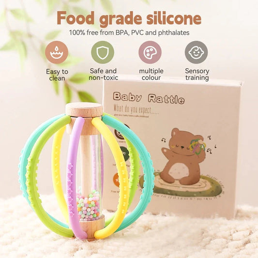 Wooden Rain Drum Baby Rattle Silicone Teether Toy