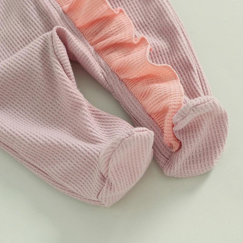 Baby Girls 2Pcs Outfit Long Sleeve Crew Neck Frills Zipper Romper Contrast Color Footies and Headband Set - BIG FRENCHIES