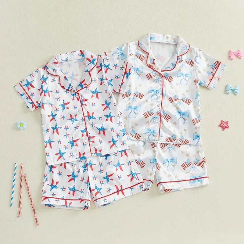 Toddler Girls Patriotic Pajamas Set Summer Star/Bow Print Button up Short Sleeves Shirt with Elastic Shorts for Loungewear - BIG FRENCHIES
