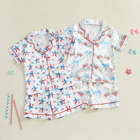 Toddler Girls Patriotic Pajamas Set Summer Star/Bow Print Button up Short Sleeves Shirt with Elastic Shorts for Loungewear - BIG FRENCHIES