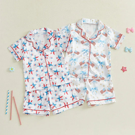 Toddler Girls Patriotic Pajamas Set Summer Star/Bow Print Button up Short Sleeves Shirt with Elastic Shorts for Loungewear - BIG FRENCHIES