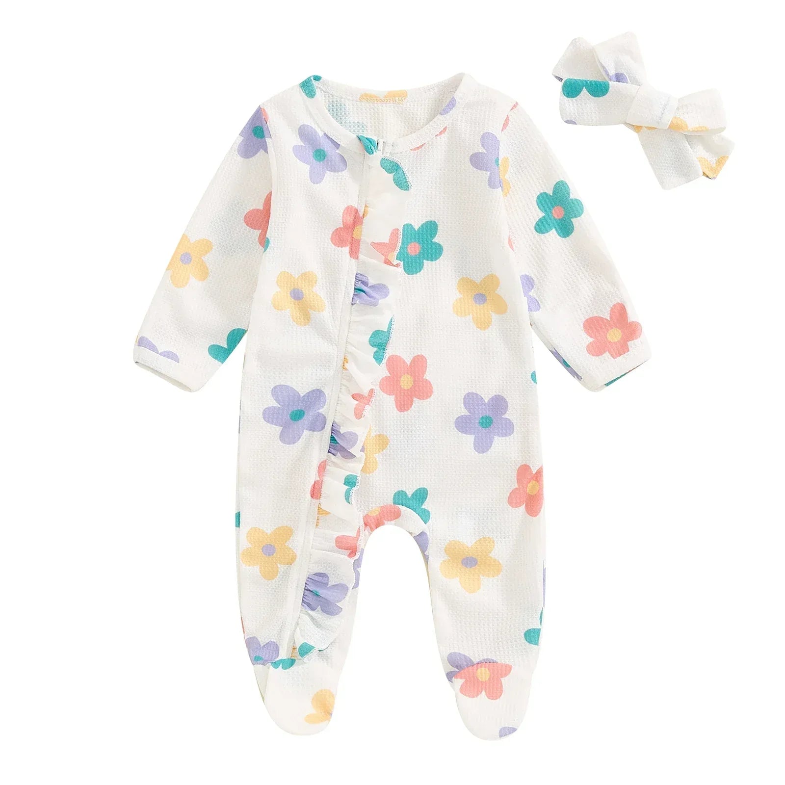 Baby Girls 2Pcs Long Sleeve Strawberry Flower Butterfly Print Frills Zipper Footies Jumpsuit and Headband Romper Set - BIG FRENCHIES