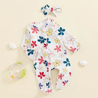 Baby Girls 2Pcs Long Sleeve Strawberry Flower Butterfly Print Frills Zipper Footies Jumpsuit and Headband Romper Set - BIG FRENCHIES