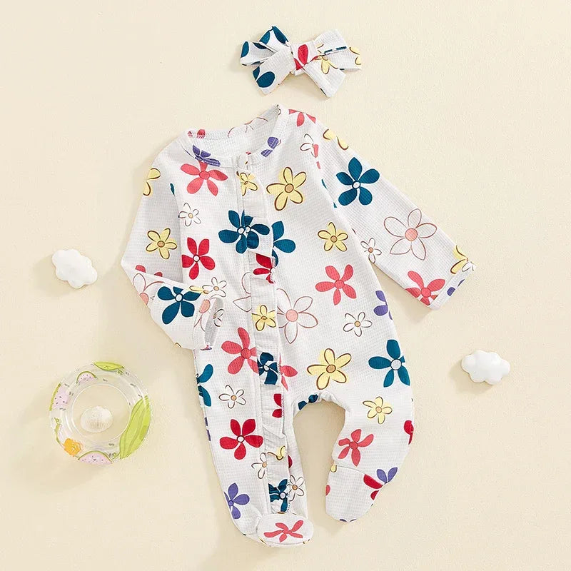 Baby Girls 2Pcs Long Sleeve Strawberry Flower Butterfly Print Frills Zipper Footies Jumpsuit and Headband Romper Set - BIG FRENCHIES