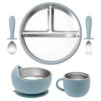 5PCS Baby Feeding Set Stainless Steel Plates with Silicone Sucker