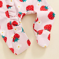 Baby Girls 2Pcs Long Sleeve Strawberry Flower Butterfly Print Frills Zipper Footies Jumpsuit and Headband Romper Set - BIG FRENCHIES