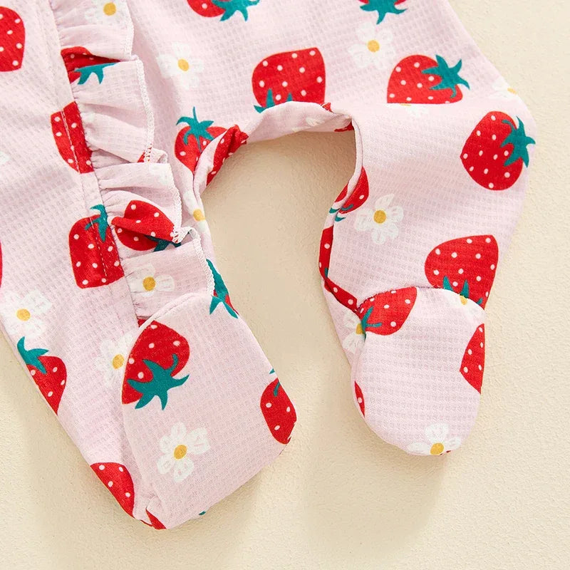 Baby Girls 2Pcs Long Sleeve Strawberry Flower Butterfly Print Frills Zipper Footies Jumpsuit and Headband Romper Set - BIG FRENCHIES