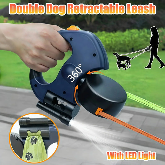 Premium 3M Retractable Double Dog Leash – Reflective 360° Swivel No-Tangle Lead with LED Lights for Small Dogs - BIG FRENCHIES