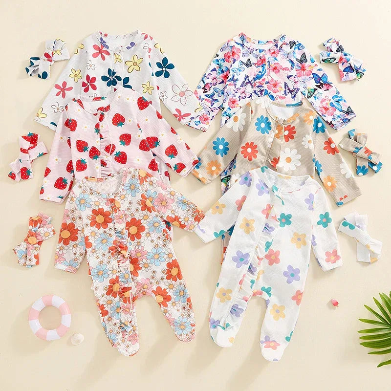 Baby Girls 2Pcs Long Sleeve Strawberry Flower Butterfly Print Frills Zipper Footies Jumpsuit and Headband Romper Set - BIG FRENCHIES