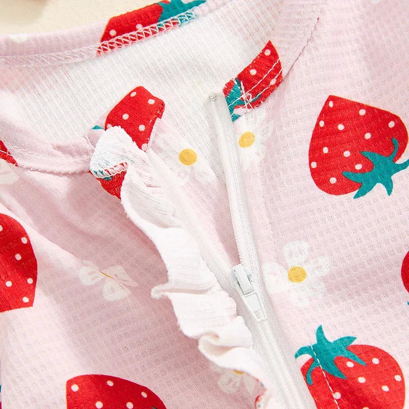 Baby Girls 2Pcs Long Sleeve Strawberry Flower Butterfly Print Frills Zipper Footies Jumpsuit and Headband Romper Set - BIG FRENCHIES