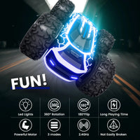 RC Stunt Car with LED Lights - 360° Rotating Double-Sided Remote Control Car for Kids, 2.4GHz, Black