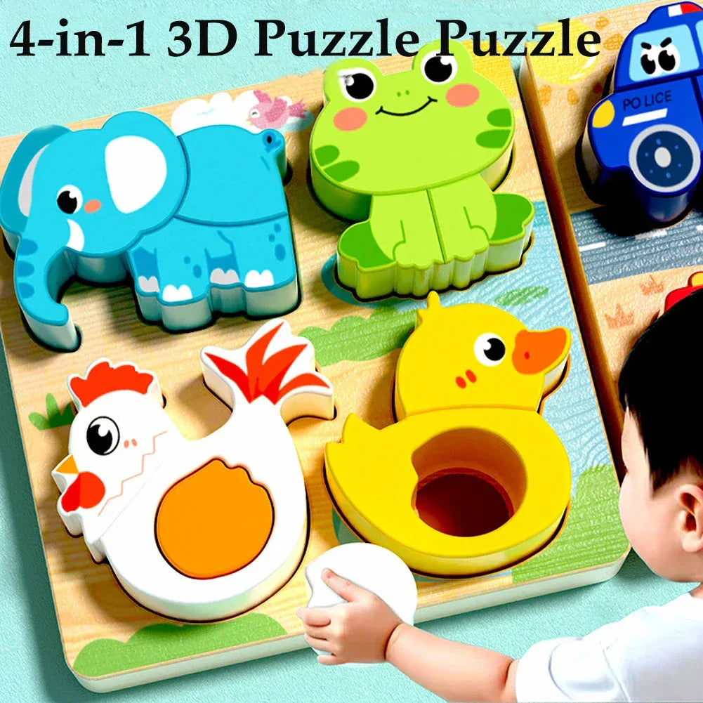 4-in-1 Wooden 3D Cartoon Animal Puzzle | Educational Toy for Kids - BIG FRENCHIES