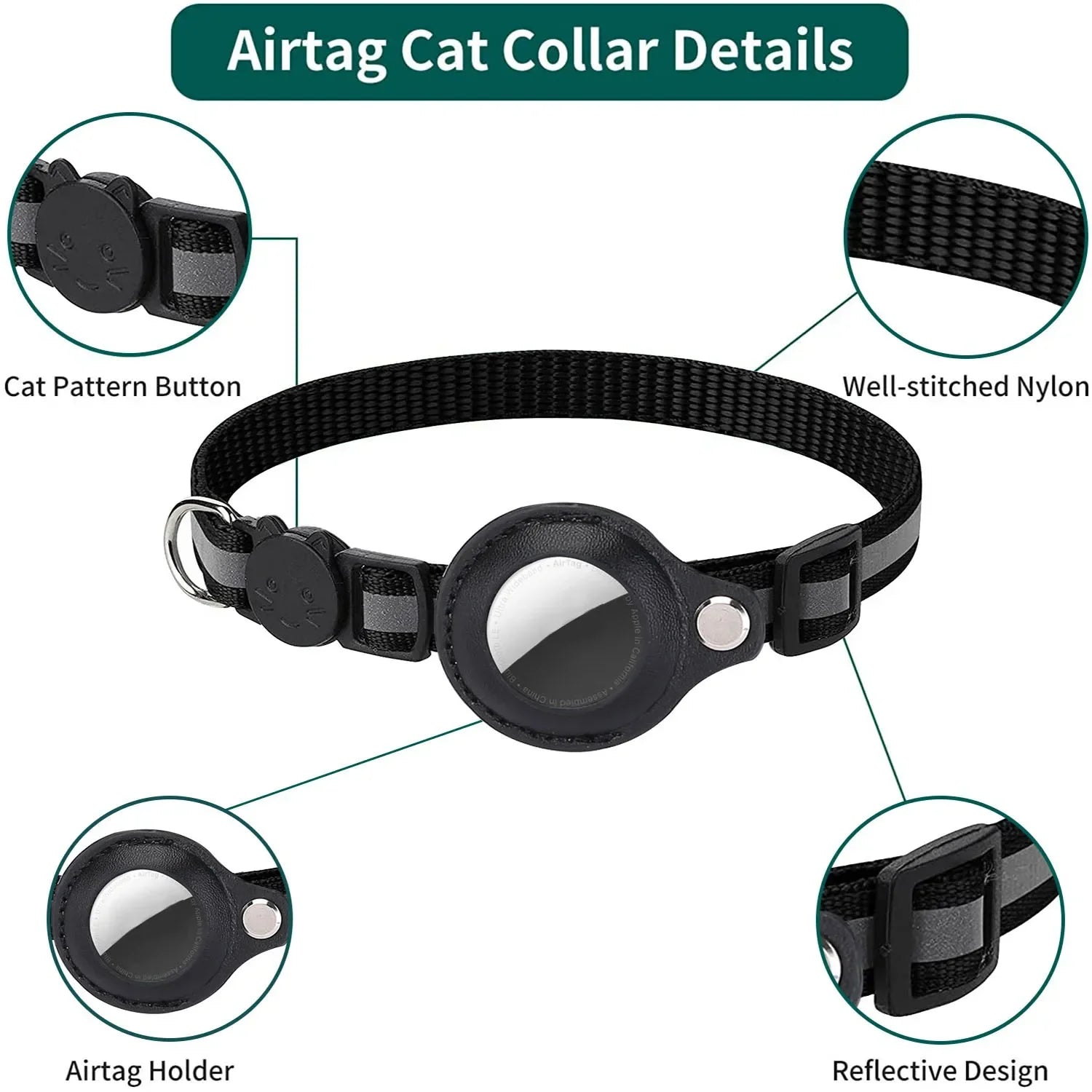 Cat AirTag Holder Collar – Adjustable Reflective Breakaway Kitten Collar with Bell & Waterproof AirTag Case - BIG FRENCHIES
