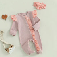 Baby Girls 2Pcs Outfit Long Sleeve Crew Neck Frills Zipper Romper Contrast Color Footies and Headband Set - BIG FRENCHIES