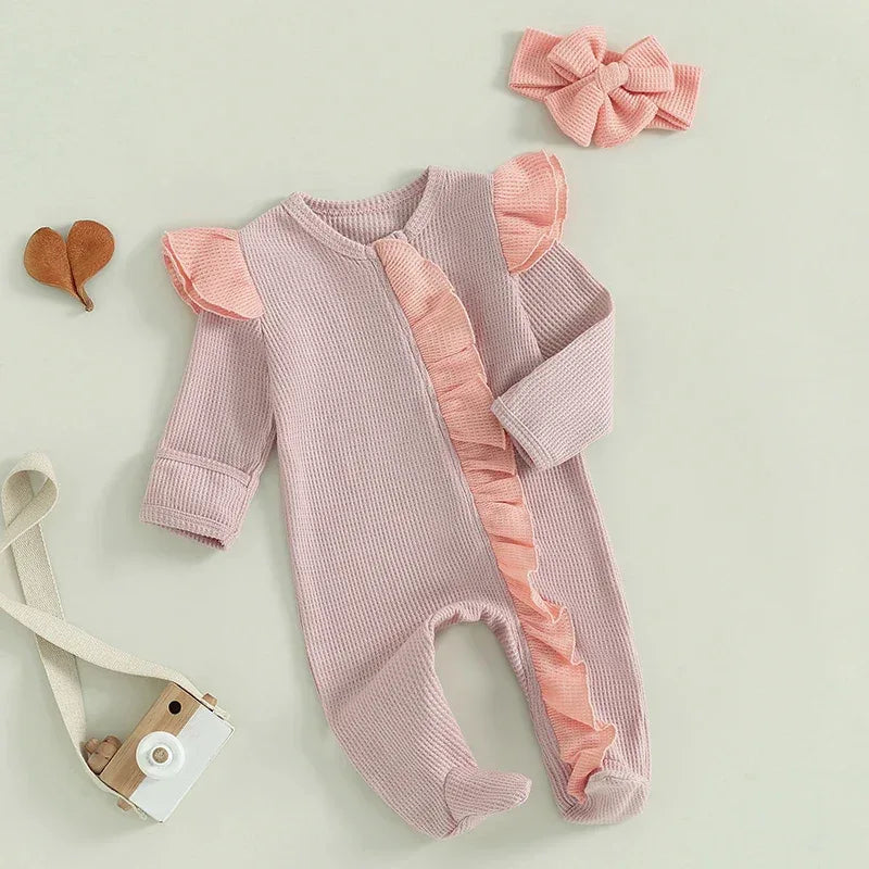 Baby Girls 2Pcs Outfit Long Sleeve Crew Neck Frills Zipper Romper Contrast Color Footies and Headband Set - BIG FRENCHIES